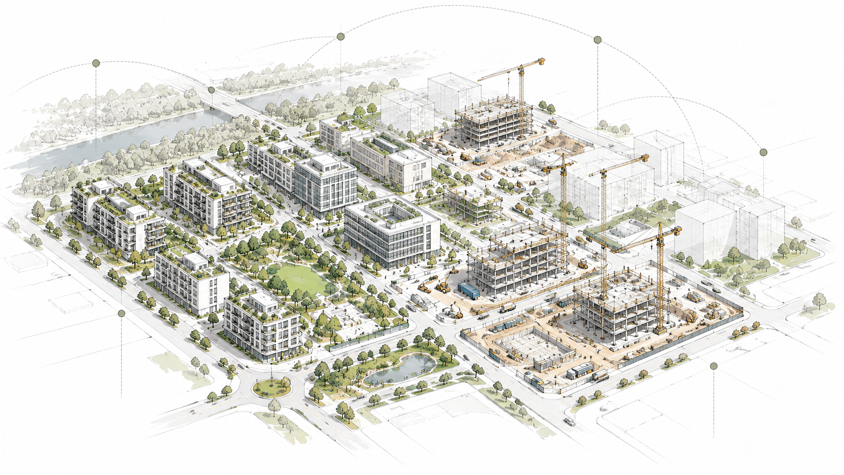 Isometric illustration of a masterplanned real estate development showing completed buildings, construction phases, infrastructure and landscaped public spaces.