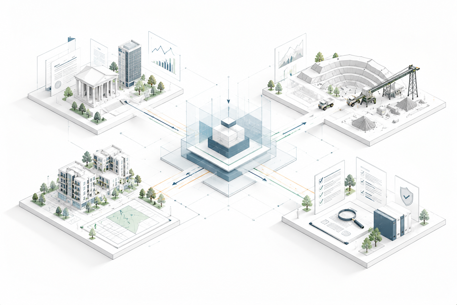 Structured solution architecture connecting financial, commodities, real estate and compliance requirements