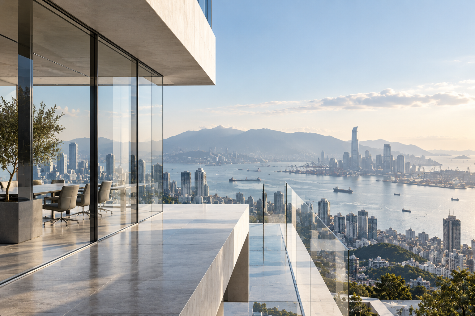 International business environment overlooking a global city and commercial port