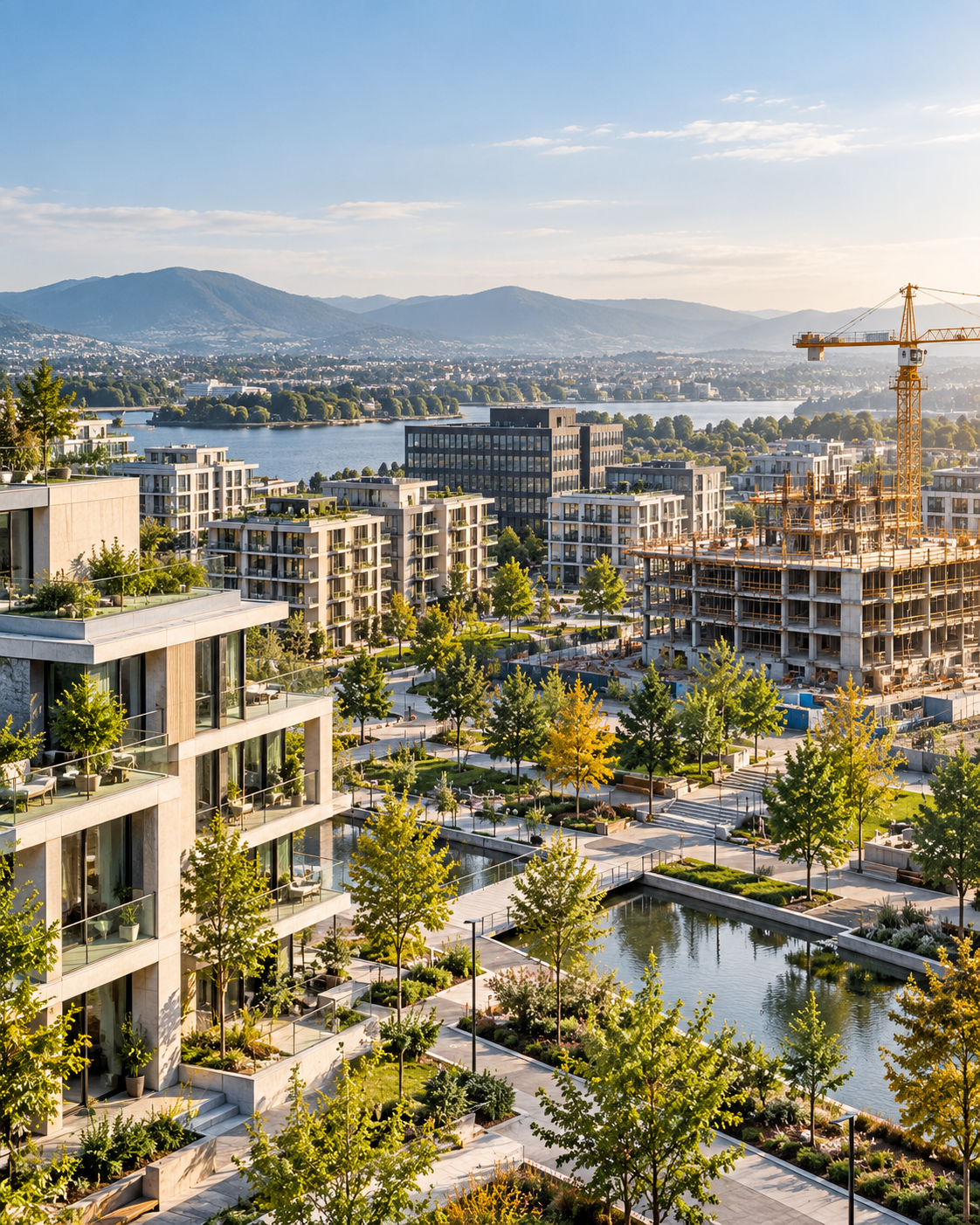 Contemporary mixed-use real estate development combining residential, commercial and urban infrastructure